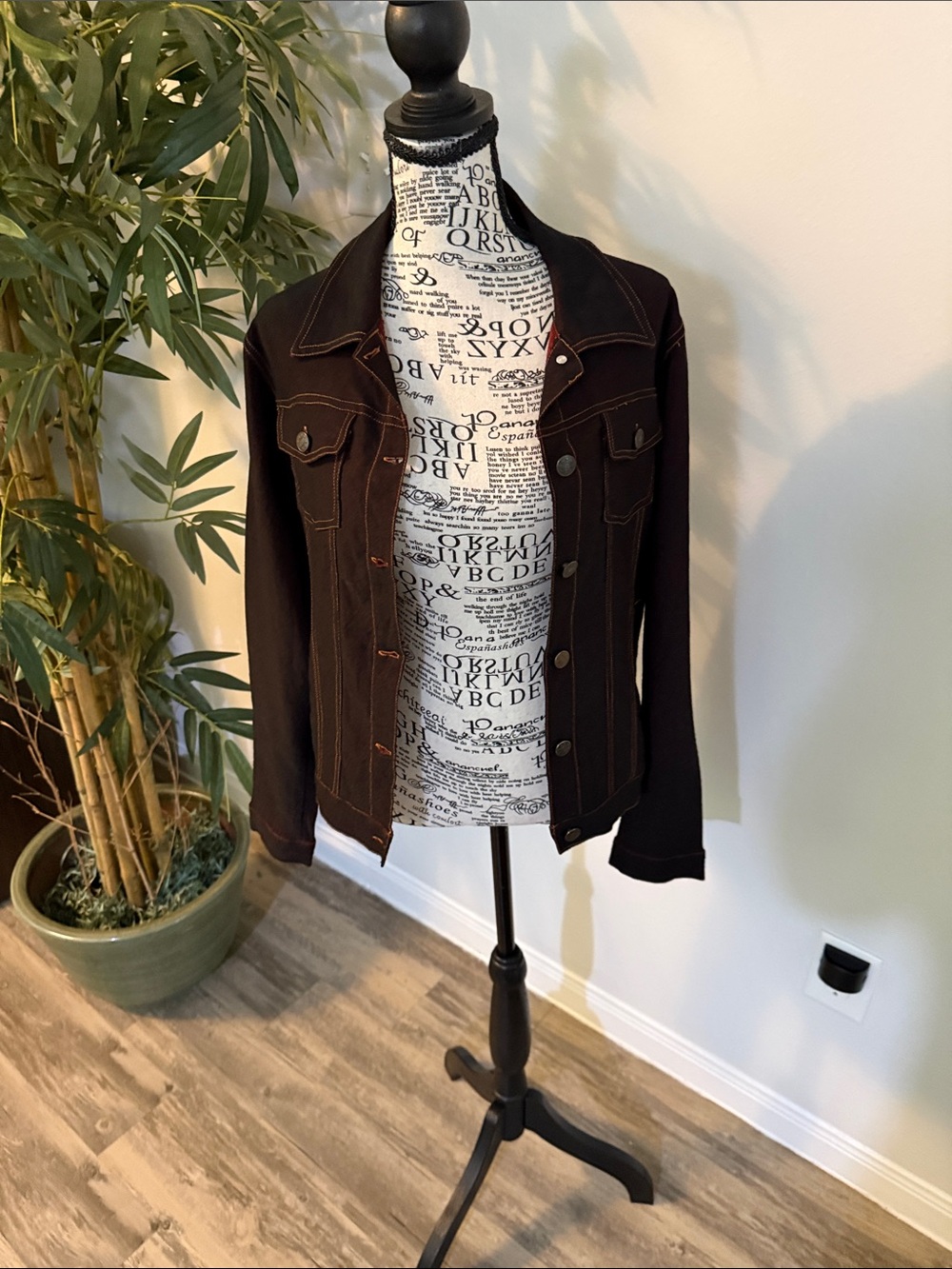 Women's Dark Brown Denim Jacket with Contrast Stitching